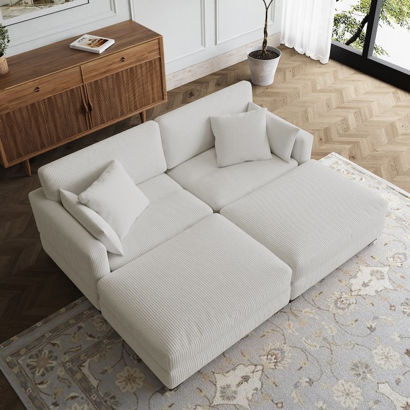 Modern Corduroy Modular Couch Sectional Sofa With Pillows - Beige - Symmetrical