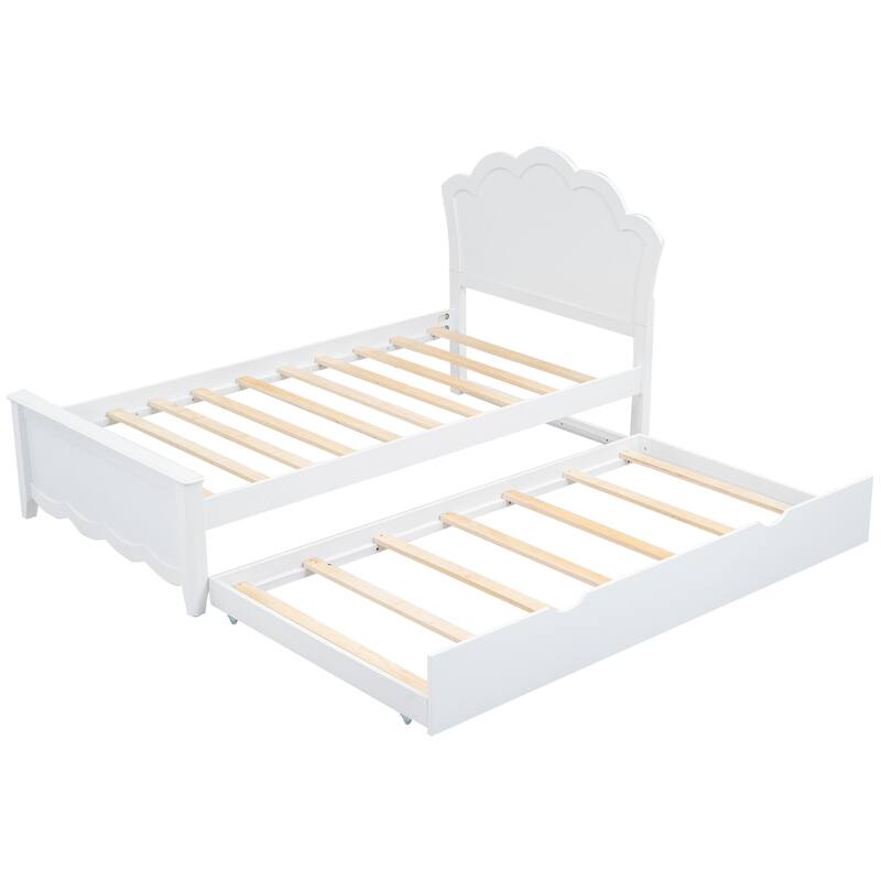 White Pine Wood Bed Frame, Twin Size Platform Bed w/Curved Headboard, Pull-out Trundle Bed for Bedroom, Apartment