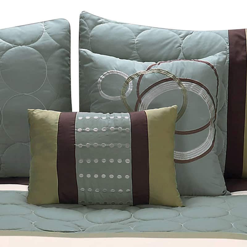 6 Piece Queen Comforter Set with Pleats and Embroidery, Green and Blue