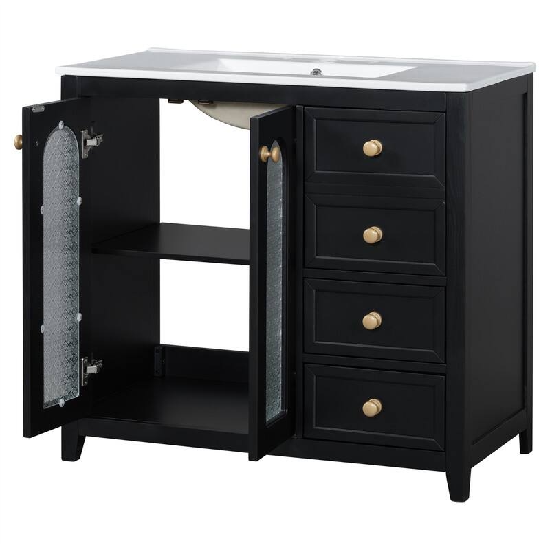 36'' Bathroom Vanity with Ceramic Sink Top, Bathroom Storage Cabinet with 2 Soft Close Doors, 3 Drawers and Adjustable Shelf