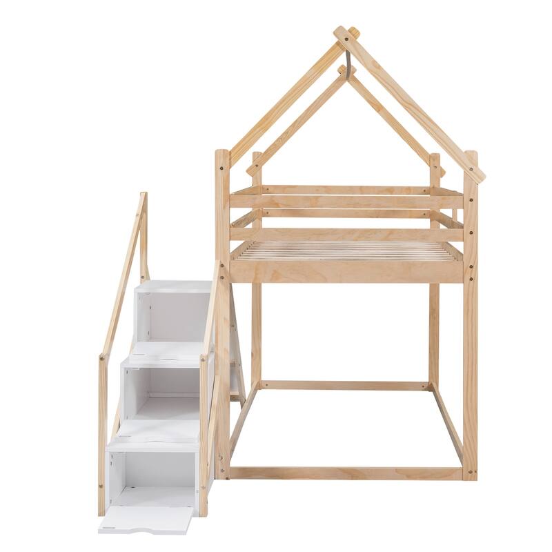 House-Themed Twin Bunk Bed with Climbing Net, Slide, and Storage Staircase