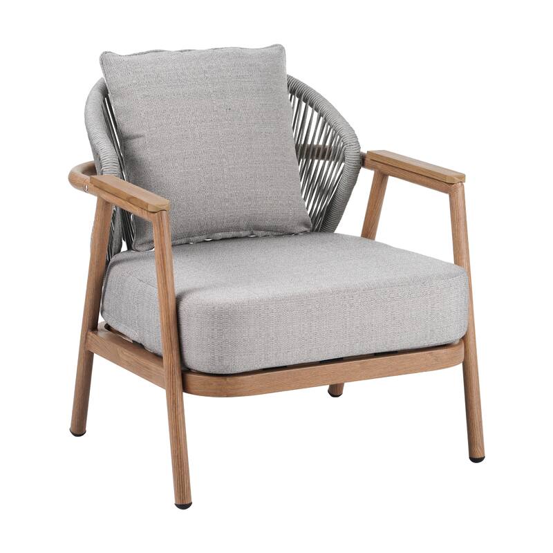 Roomfitters Orla Outdoor Rope Club Chairs with Plastic Wood Armrests and Cushions, Teak Finish - Single Unit