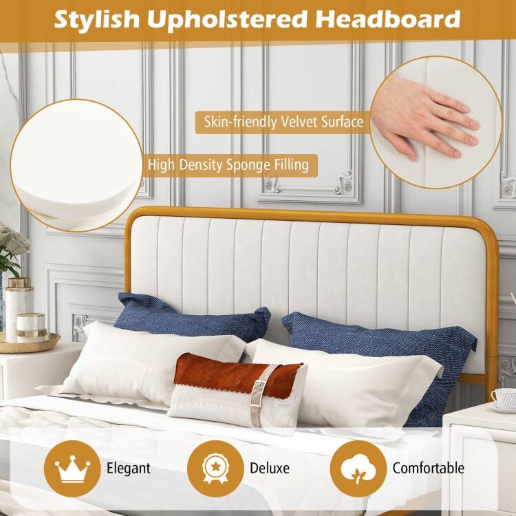 Upholstered Gold Platform Bed Frame with Velvet Headboard