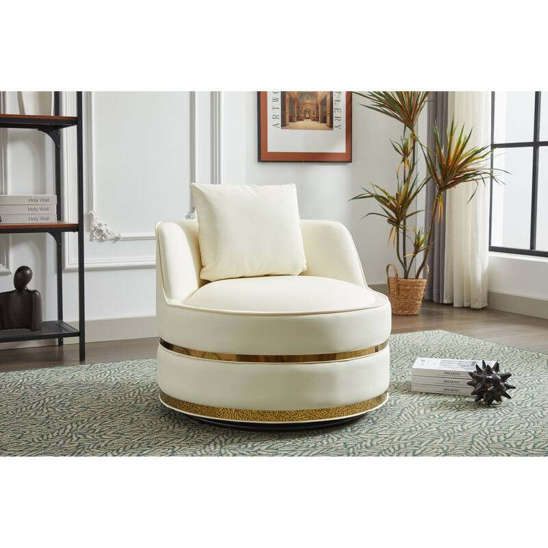 Faux Leather Swivel Barrel Chair, Upholstered Lounge Club Chair, Single Sofa Chair with Pillow & Stainless Steel Base