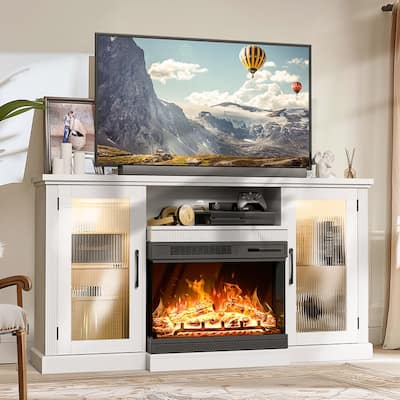 59" Glass Door TV Stand for TVs up to 65" with 24" Electric Fireplace