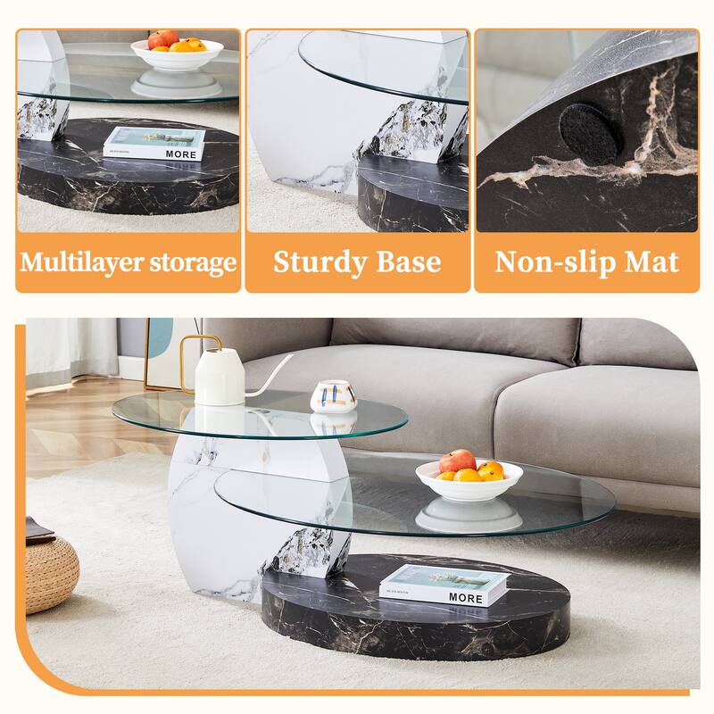 Roomfitters Double Layer Coffee Table with White Marble and Wood Grain Finish, Artistic Modern Design