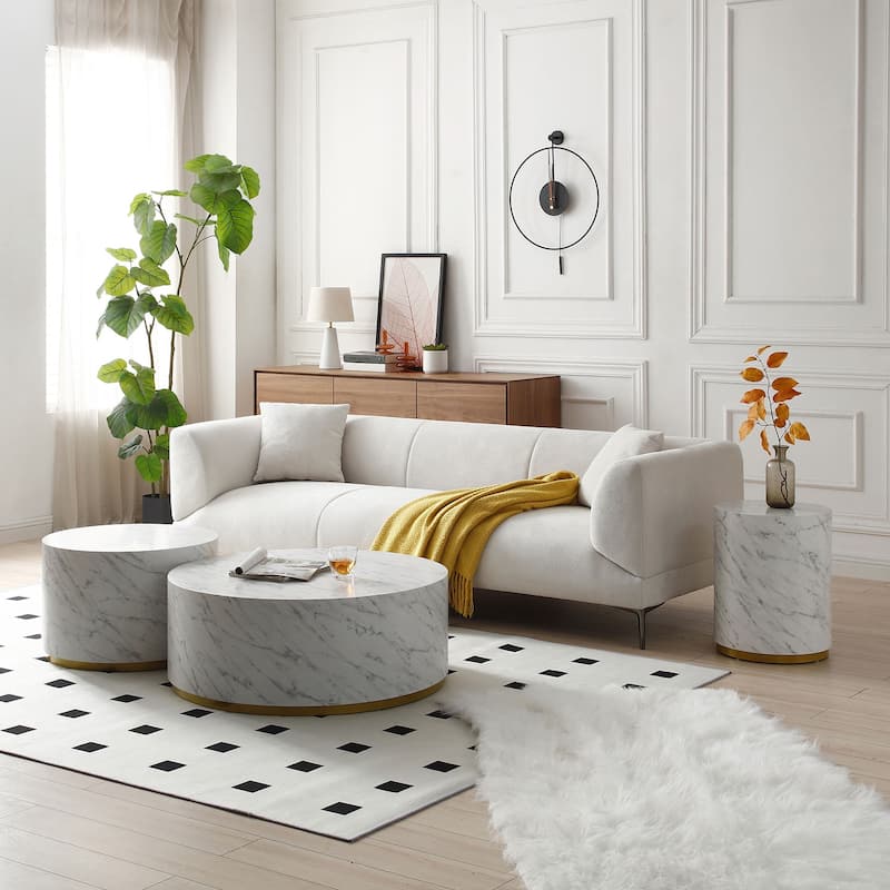 Modern Faux Marble Coffee Tables for Living Room, 35.43inch Accent Tea Tables with Gold Metal Base