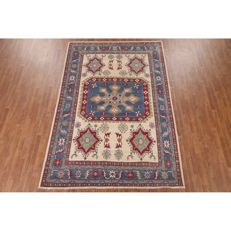 Hand Knotted Oriental 100% Wool Carpet Traditional Geometric Beige & Ivories Kazak Area Rug - 9' 11'' X 6' 8''