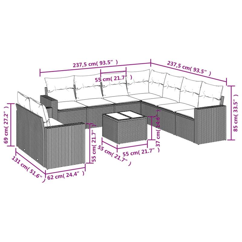 vidaXL Garden Sofa Set Black PE rattan 9 Piece set Adjustable Armrests
