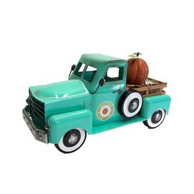 Country Style Metal Truck with Pumpkins in Antique Teal - 8.6x18x10