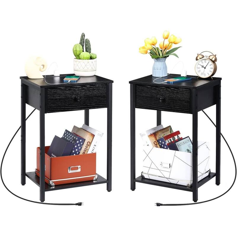 Set of 2 Nightstand with Charging Station - Black