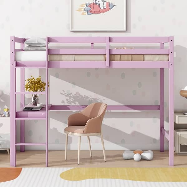 slide 2 of 10, Twin High Loft Bed with Safety Guardrail,Built-in desk,Ladder for Home Pink