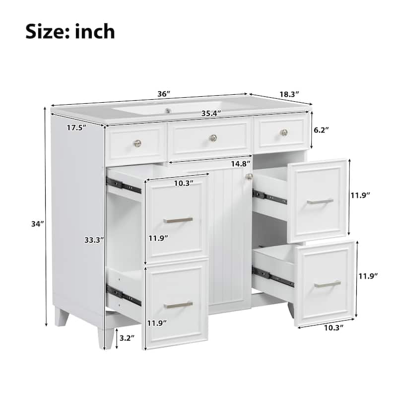36 Inch Freestanding Bathroom Vanity with White Ceramic Basin and Door and Drawers