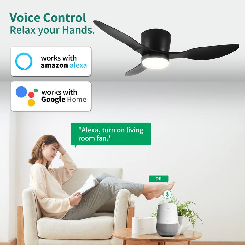 Reversible 6-Speed DC Motor Ceiling Fan with Smart App Control, Flush Mount Ceiling Fan with Color-Changing LED Light