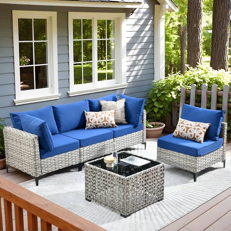 OVIOS 5 Pieces Outdoor Wicker Furniture Set With Solar-Powered Coffee Table