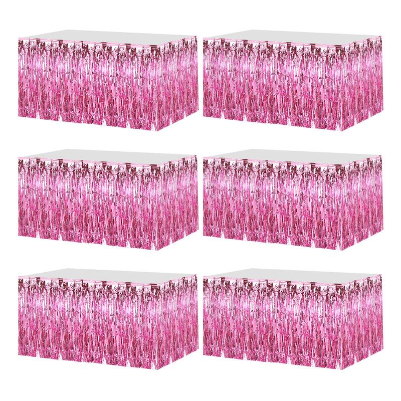 6 Pack 29x108 Inch Pink Metallic Foil Fringe Tinsel Table Skirts