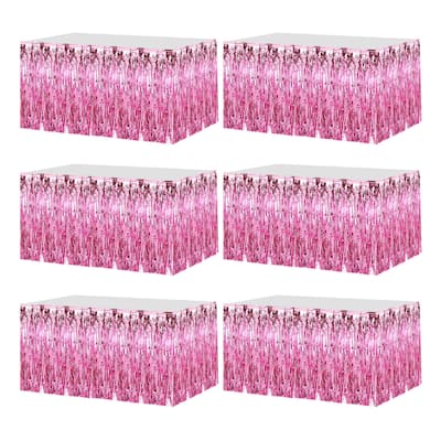 6 Pack 29x108 Inch Pink Metallic Foil Fringe Tinsel Table Skirts