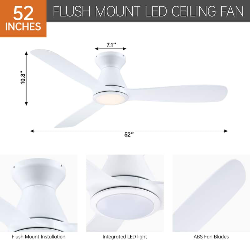52" White Modern Timer Hugger Flush Mount LED Ceiling Fan with 6-speed DC Motor and Remote - 52 in. D x 52 in. W x 10.8 in. H