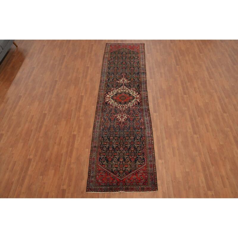 Hand Knotted Oriental 100% Wool Carpet Traditional Geometric Navy Blue & Blues Bibikabad Runner Rug - 13' 4'' X 3' 5''