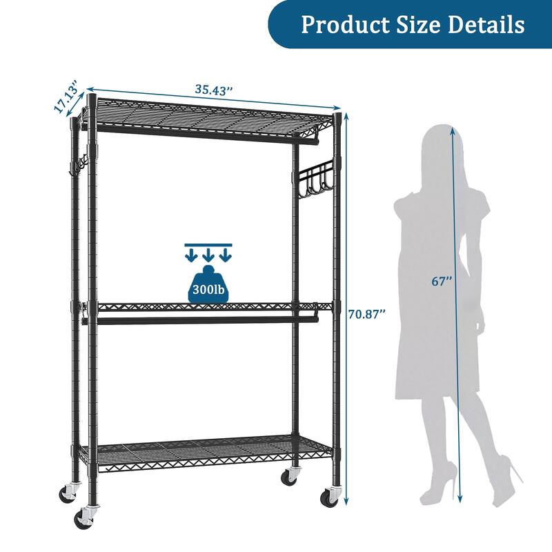Rolling Heavy Duty Clothes Rack with Wheels,3 Tiers Adjustable Wire Shelving Clothes Rack with 2 Clothes Rails and Side Hooks