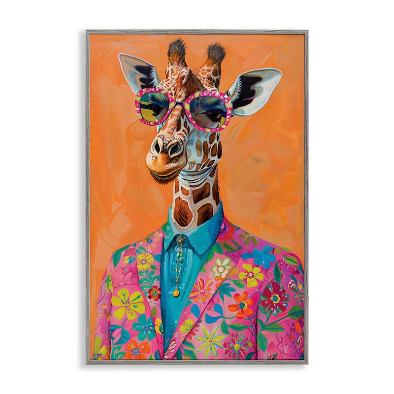 Stupell Bright & Trendy Giraffe in Suit Framed Giclee Art Design By LSR Design Studio - 16 x 24 - Grey
