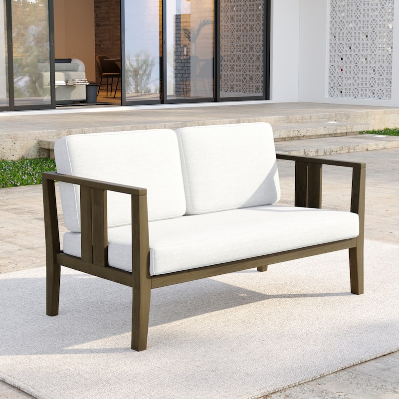 Casual Teak Wood Outdoor Patio Loveseat with Cushions