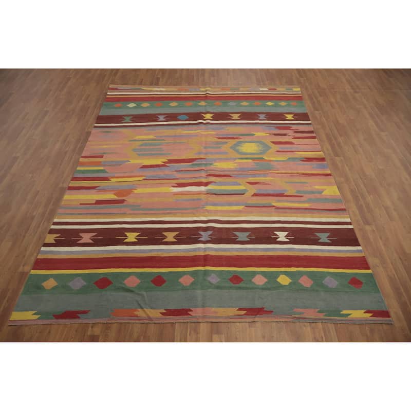 Hand Woven Oriental 100% Wool Carpet Southwestern Tribal Multi-Colored Kilim Area Rug - 11' 10'' X 8' 9''