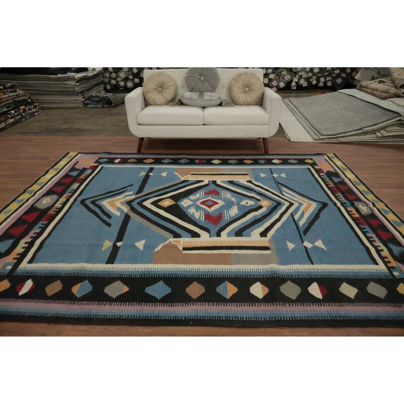 Hand Woven Oriental 100% Wool Carpet Southwestern Tribal Navy Blue & Blues Kilim Area Rug - 9' 8'' X 8' 3''