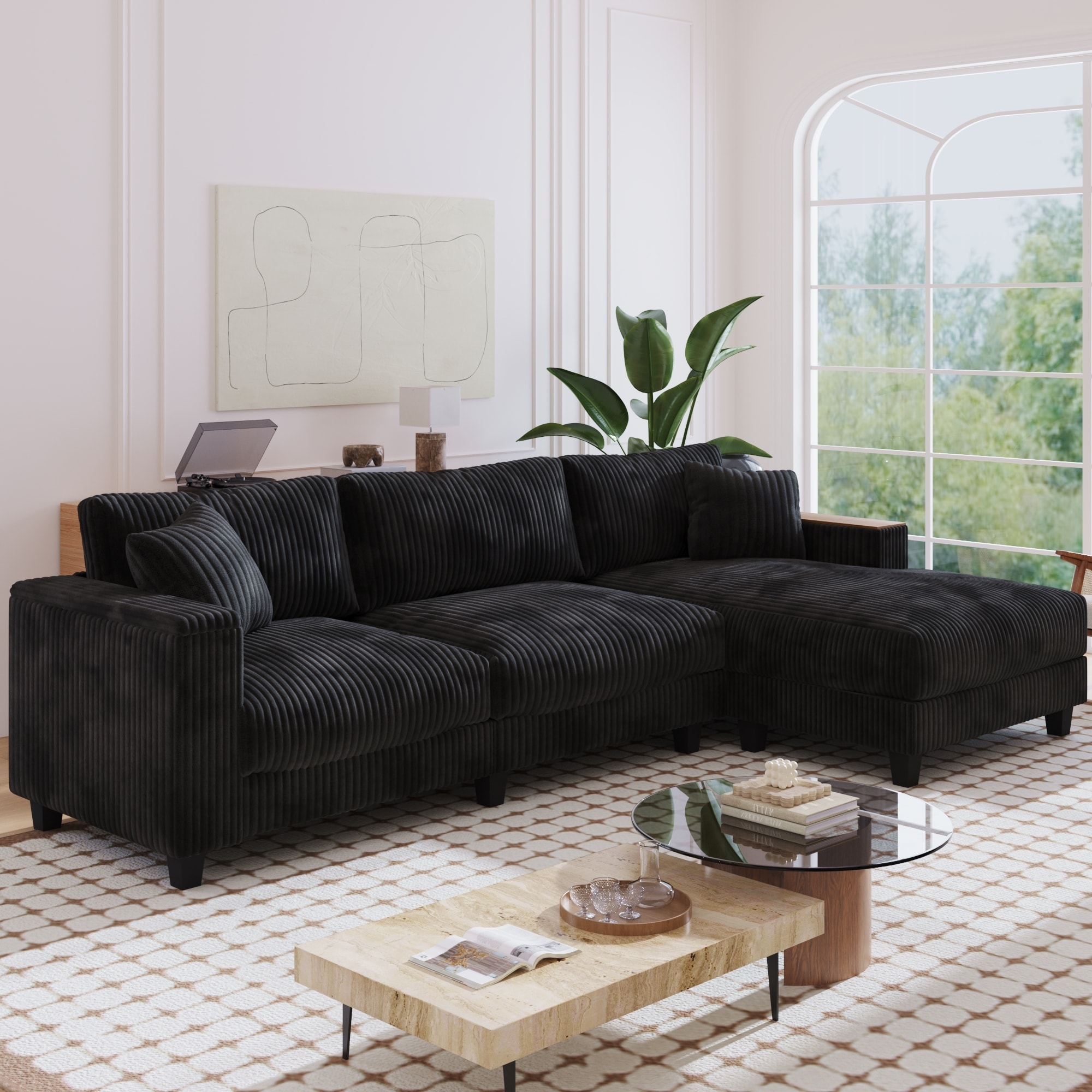 GDFStudio - Elara Comfort 114.5'' Corduroy L-Shaped Sectional Sofa Couch with Reversible Chaise for Living Room