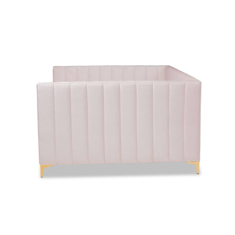 Pink Velvet Upholstered Queen Daybed with Channel Tufting and Gold Metal Legs, Glam Contemporary Bedroom Piece
