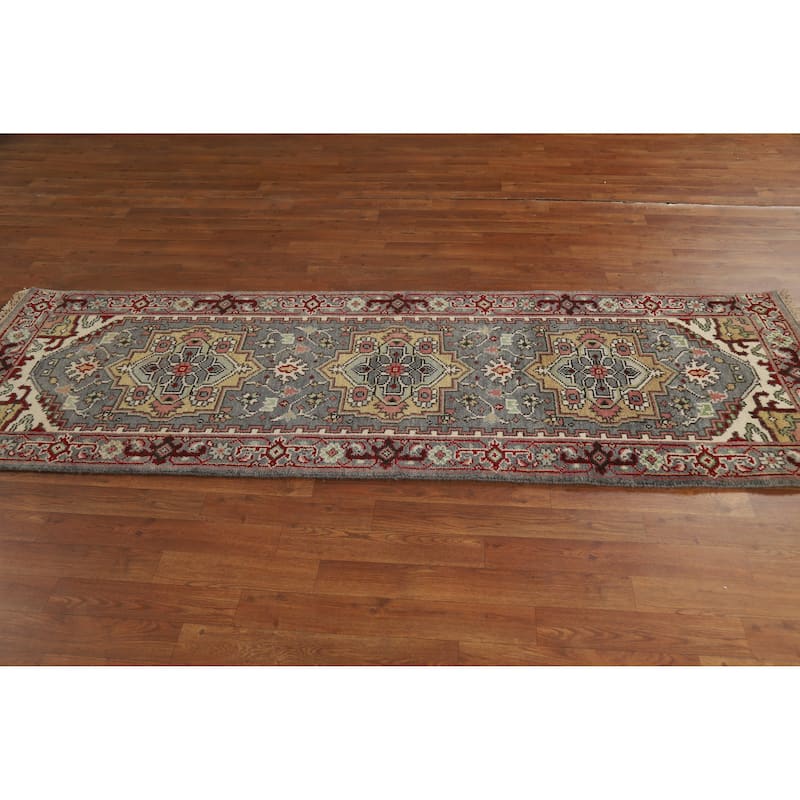 Hand Knotted Oriental 100% Wool Carpet Traditional Geometric Greys & Charcoal Heriz (serapi) Runner Rug - 7' 11'' X 2' 7''