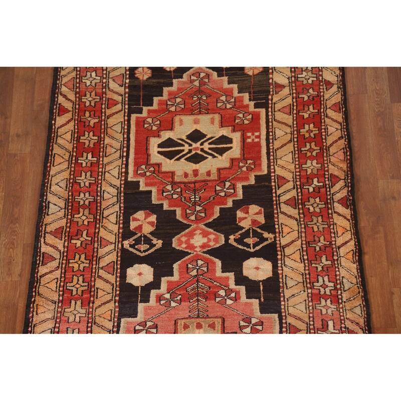 Geometric Ardebil Persian Vintage Runner Rug Handmade Wool Carpet - 3'10"x 10'0"