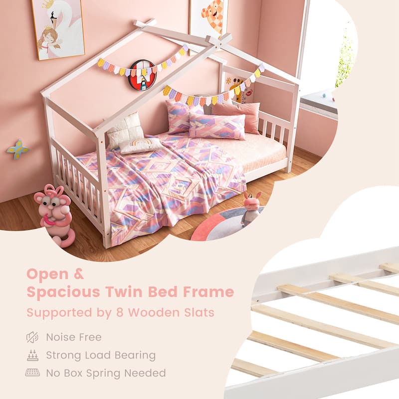 Costway Twin Size House Bed with Roof Wooden Low Floor Bed No Box