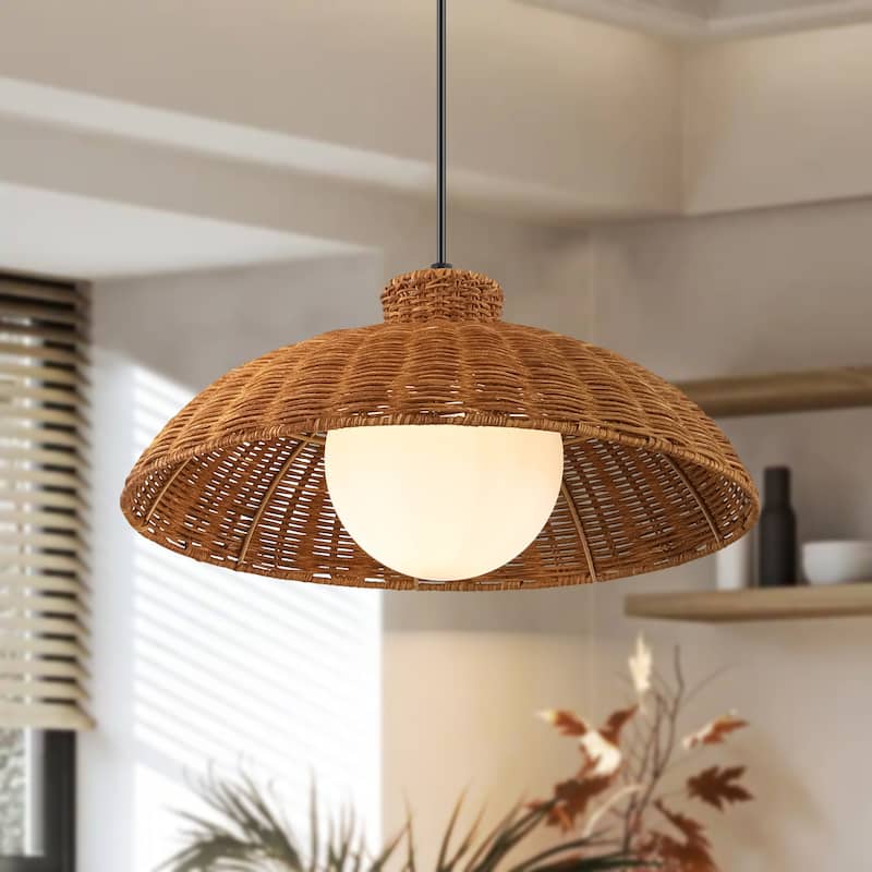 1-Light 15.7" W Farmhouse Brown Woven Rattan Dome Pendant lights for Dining Room, Living Room, Bedroom
