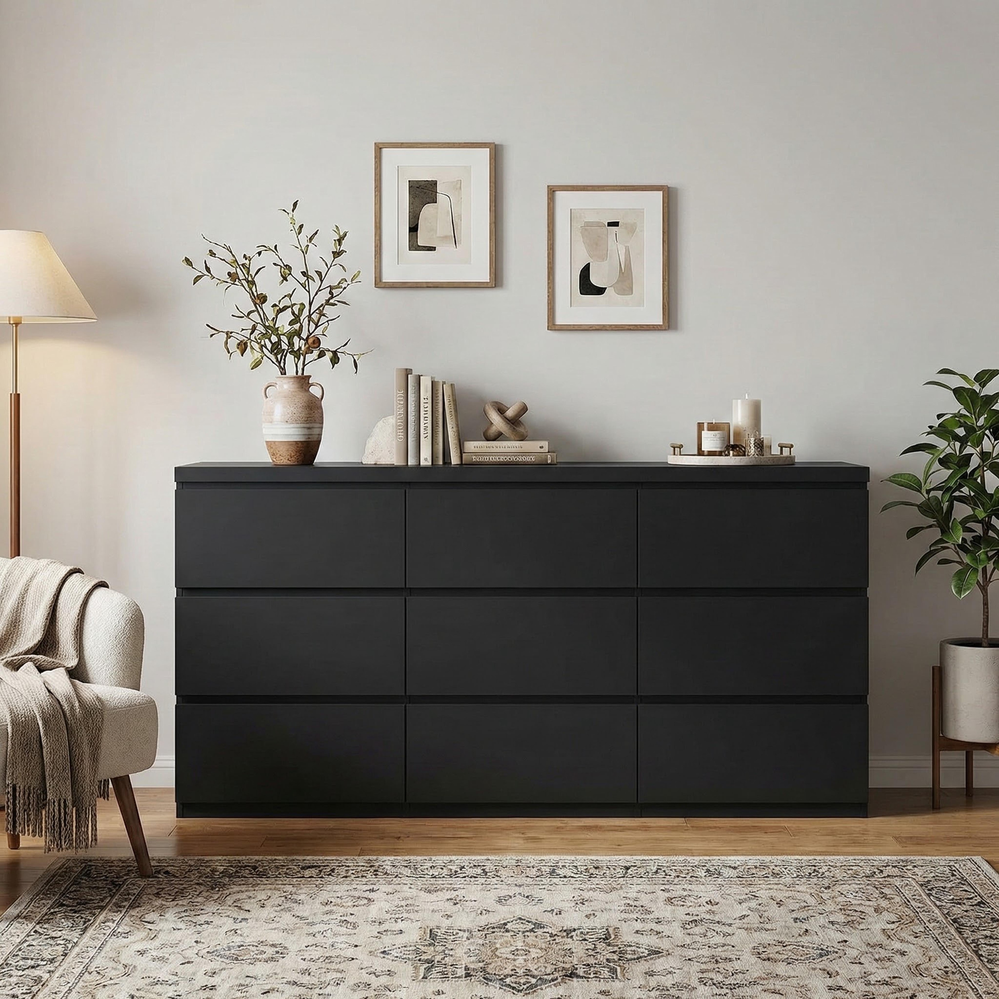 9 Drawer Dresser with No Handle Design, Modern Black Matte Wood Dresser for Bedroom, Storage Chest of Drawers