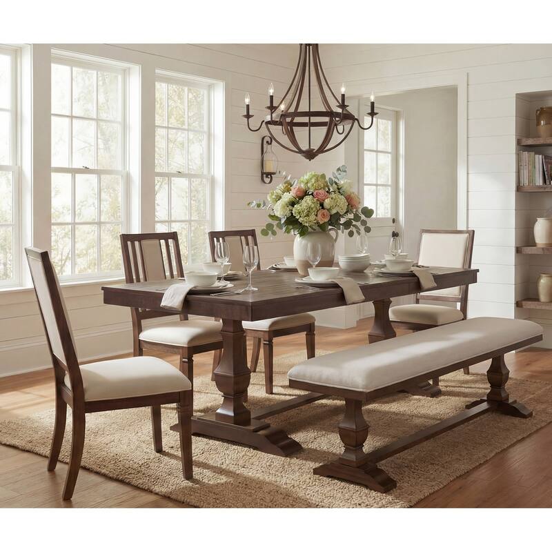 6-pieces Farmhouse Dining Table for 6, 74.8" Kitchen Table Set with 4 Chairs and Bench, Solid Wood Legs and Cushion Seat