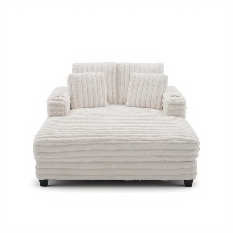 Modern Cream Faux Rabbit Fur Single Chaise Lounge with 2 Cup Holders, 2 Pillows & Solid Wood Frame, Cozy Daybed Sofa Chair