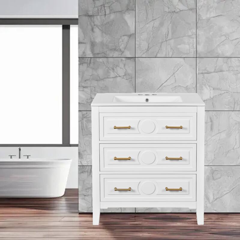 Retro 30" Bathroom Vanity Set with Ceramic Sink, Solid Wood Frame & 3 Drawers for Bathroom Storage - White