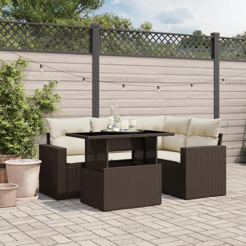 vidaXL Patio Sofa Set with Cushions Outdoor Furniture 5 Piece Poly Rattan - 21.7 x 39.4 x 28.7 in - Brown and cream