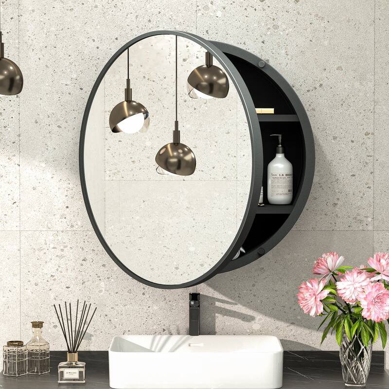 TokeShimi Metal Framed Round Medicine Cabinet with Mirror for Vanity - 20''x20'' - Black