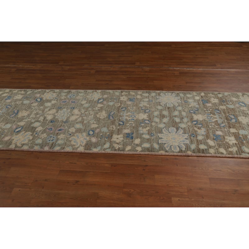 Hand Knotted Oriental 100% Wool Carpet Transitional All-Over Greys & Charcoal Oushak Runner Rug - 11' 8'' X 3' 0''