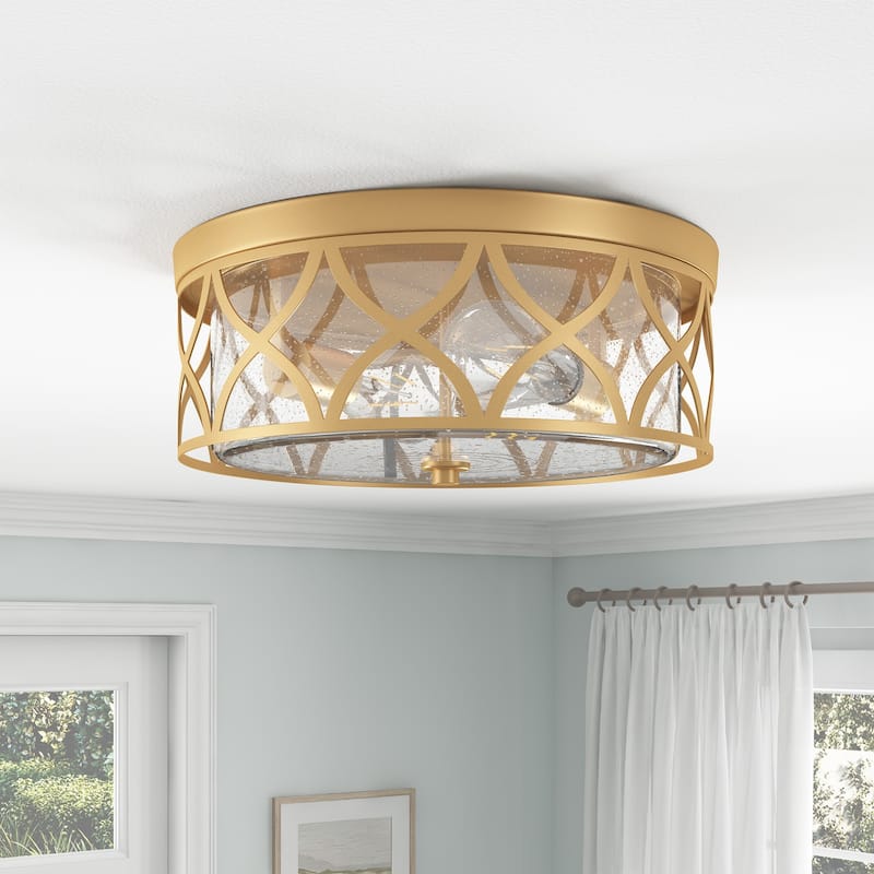 Modern Gold 2-Light Flush Mount Ceiling Light Fixture with Clear Seeded Glass
