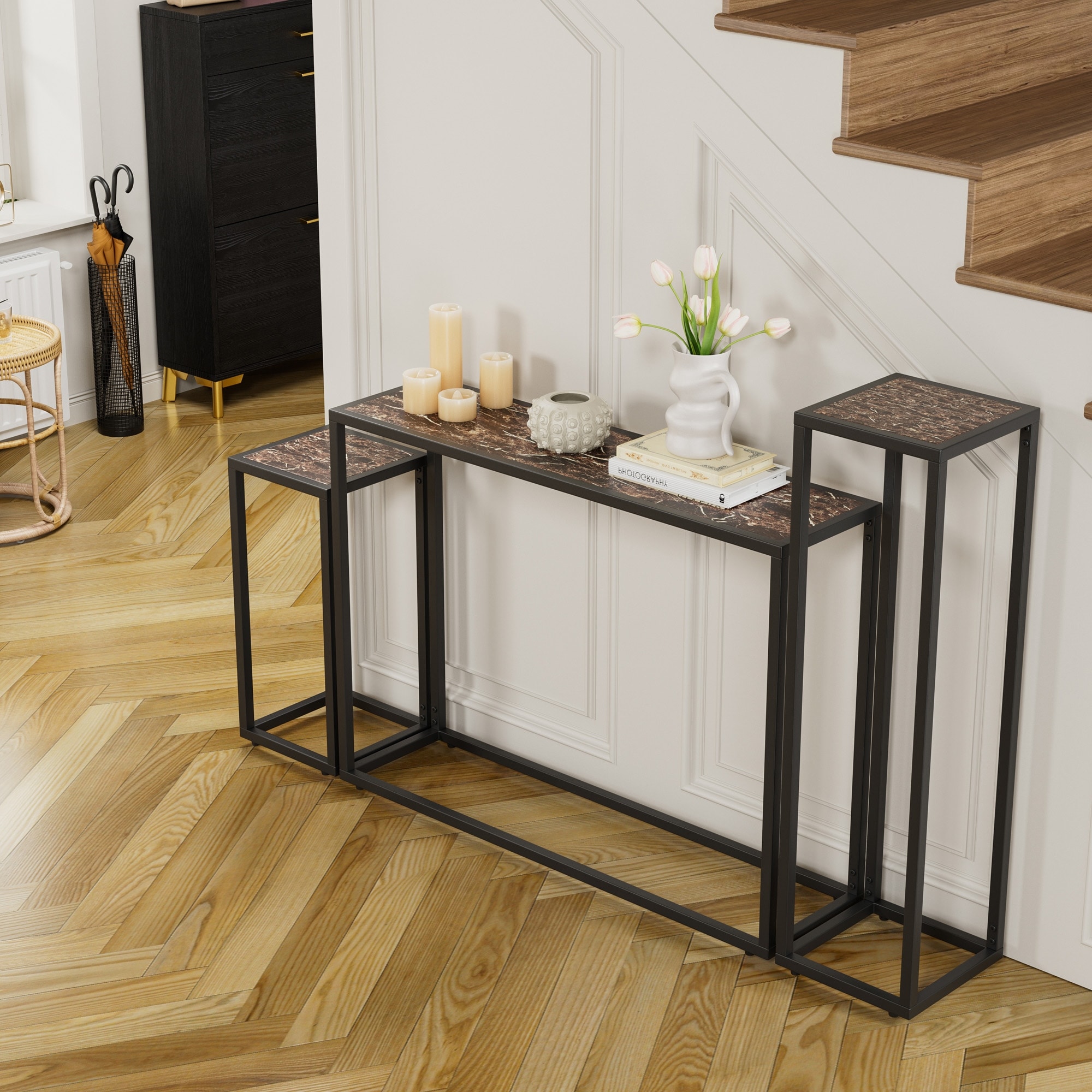 Narrow Console Table with Brown Marble-Look Top and Black Metal Frame