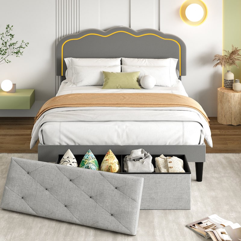 VECELO Upholstered Bed Frames with Headboard & LED Lights and Storage Ottoman (Set of 2),Bedroom Set - Full