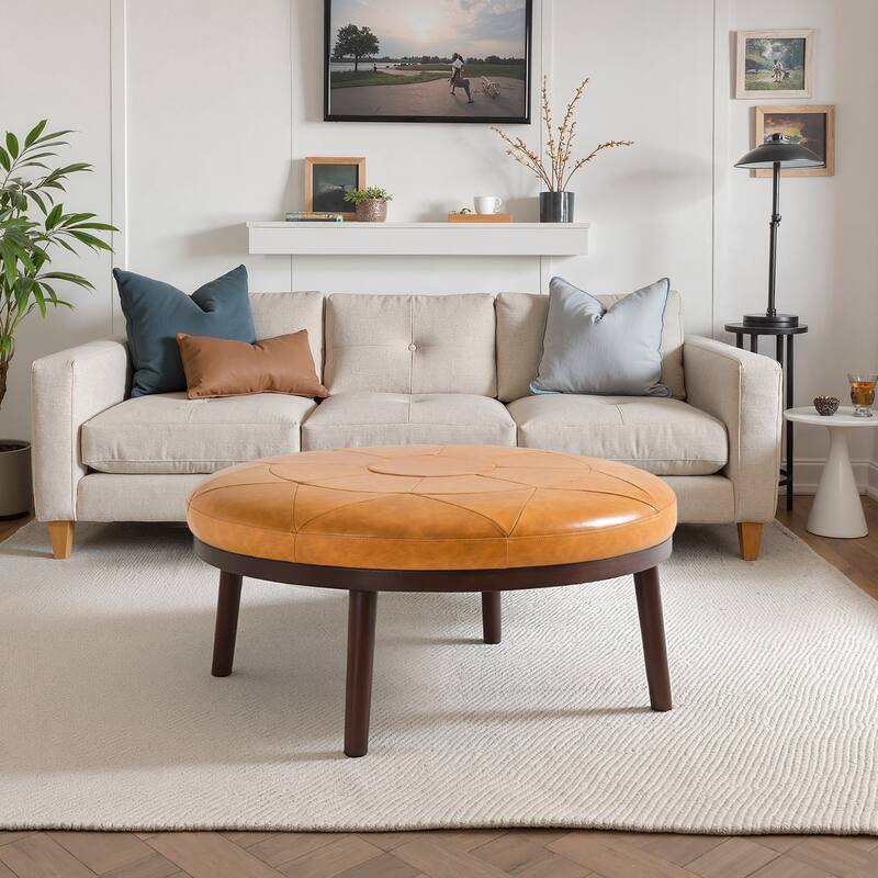 UIXE Full Grain Genuine Italian Leather Round Ottoman Modern Oversize Side Tble