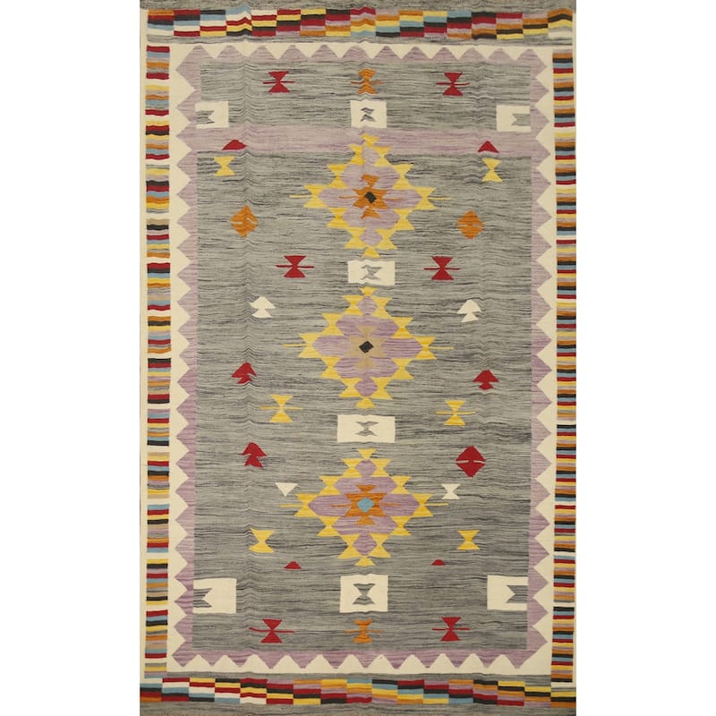 Hand Woven Oriental 100% Wool Carpet Southwestern Tribal Greys & Charcoal Kilim Area Rug - 9' 8'' X 6' 7''