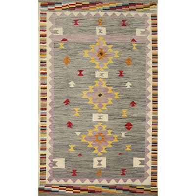 Hand Woven Oriental 100% Wool Carpet Southwestern Tribal Greys & Charcoal Kilim Area Rug - 9' 8'' X 6' 7''