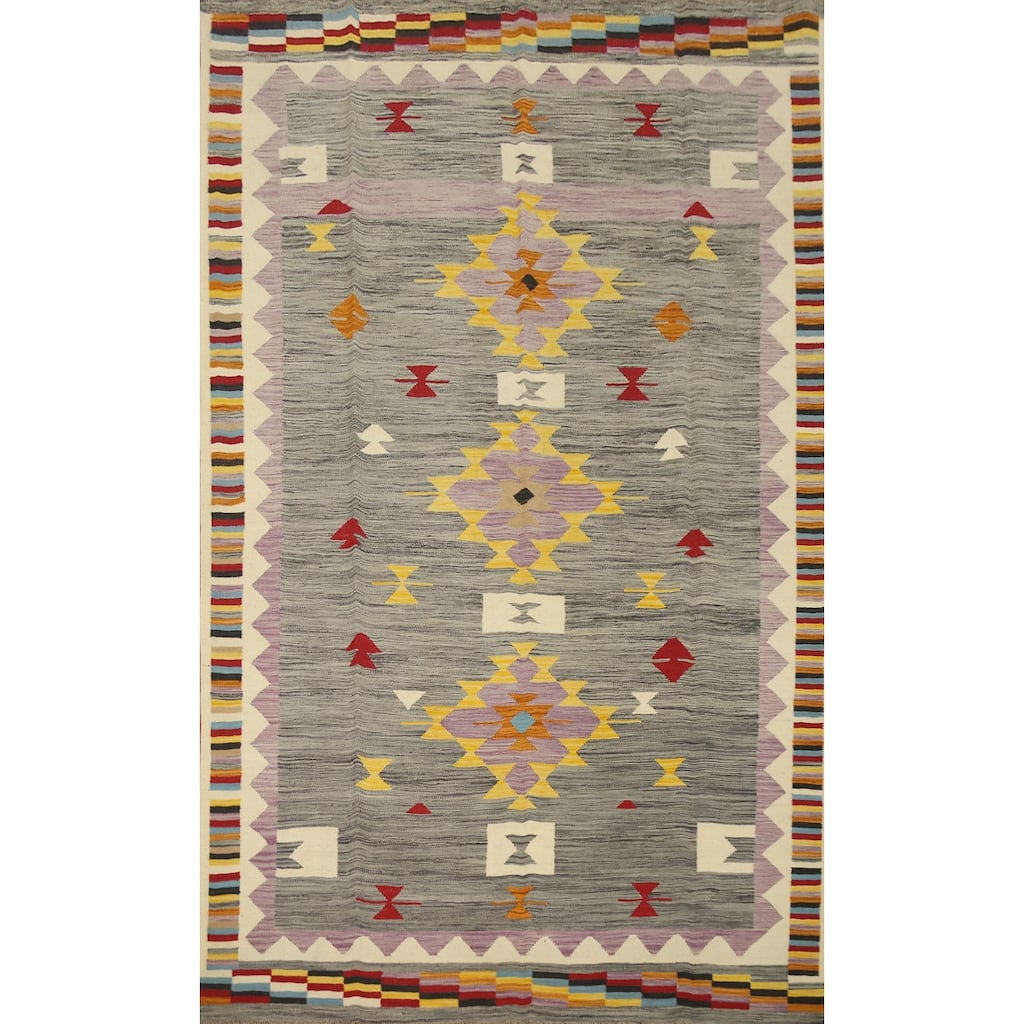 Hand Woven Oriental 100% Wool Carpet Southwestern Tribal Greys & Charcoal Kilim Area Rug - 9' 8'' X 6' 7''
