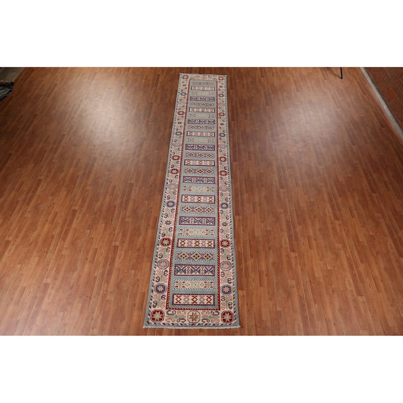 Geometric Blue Kazak Oriental Runner Rug Hand-Knotted Wool Carpet - 3'2" x 16'1"