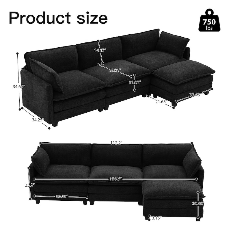 CLICKBIN Chenille Fabric Stragiht Arm L-Shaped Modular Sectional Sofa Couch with Ottoman for Living Room